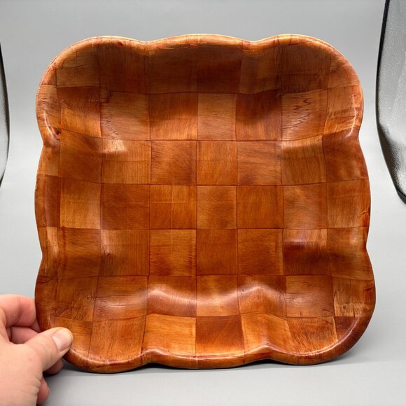 Vintage Large Parquet Wood Square Serving Bowl | Mid Century Thin Handcrafted - Picture 3 of 7